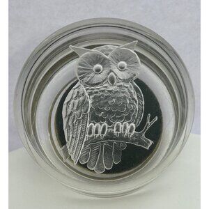 Trinket Jewelry Box Etched Owl Design Lid Round Clear & Black Vintage Look Retro